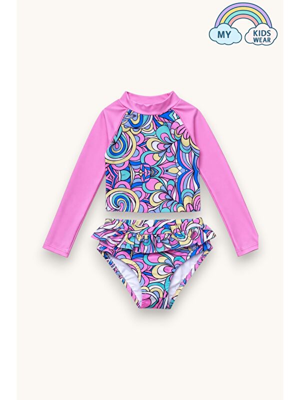 My Kids Wear Kız Çocuk Uzun Kollu Desenli Bikini Takımı Volanlı Yazlık Mayo 3-8 Yaş 12641