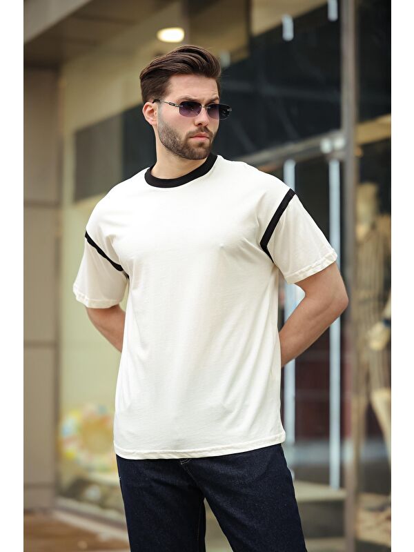 Madmext Ekru Bisiklet Yaka Regular Fit Erkek %100 Pamuk Tişört E7126