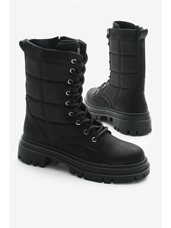 Kadın Siyah Mat Termo Taban Nakışlı Karo Desenli Bağcıklı ve Fermuarlı Bot - Görsel 3