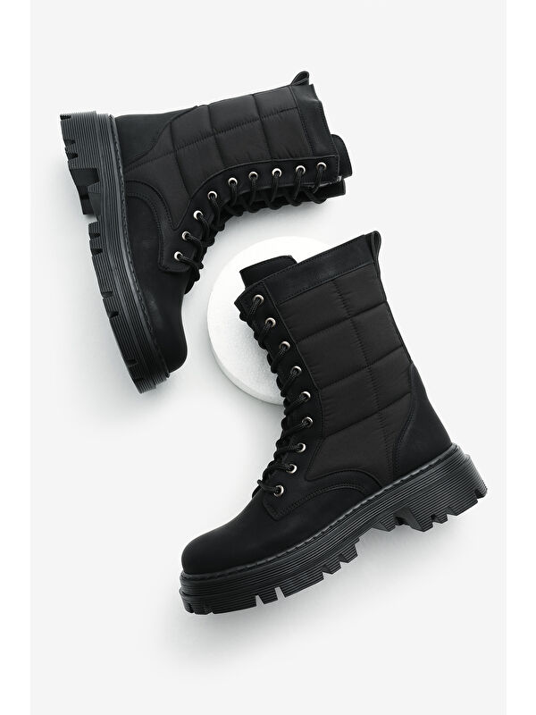 Kadın Siyah Mat Termo Taban Nakışlı Karo Desenli Bağcıklı ve Fermuarlı Bot - Görsel 4