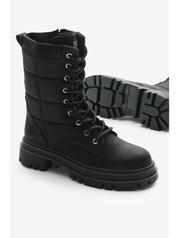 Kadın Siyah Mat Termo Taban Nakışlı Karo Desenli Bağcıklı ve Fermuarlı Bot - Görsel 5