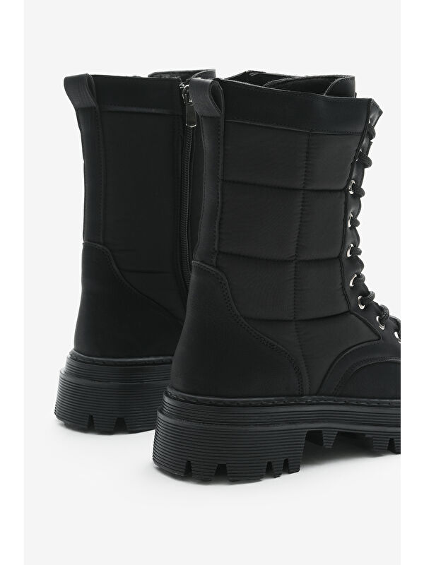 Kadın Siyah Mat Termo Taban Nakışlı Karo Desenli Bağcıklı ve Fermuarlı Bot - Görsel 6