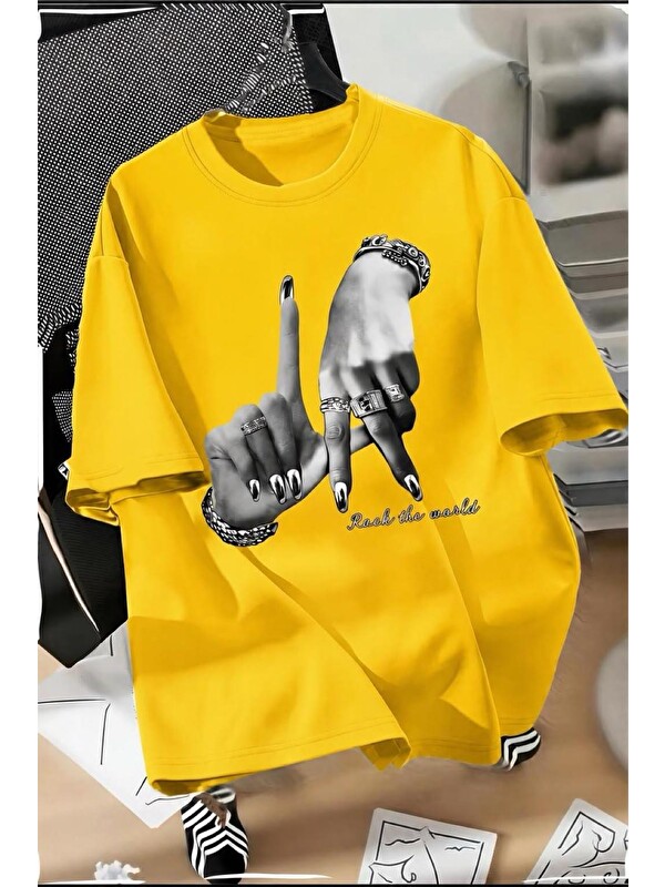Oksit LA El İşareti Ön Baskılı Sokak Modası Unisex T-Shirt
