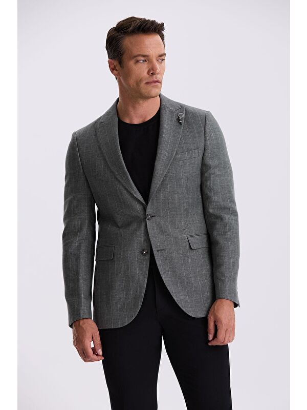 JAKAMEN Gri Slim Fit Kırlangıç Yaka Çizgili Keten Pamuk Mevsimlik Ceket