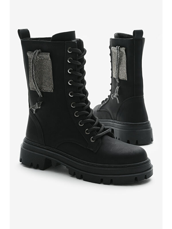 Kadın Siyah Mat Termo Taban Yanı Taşlı Bağcıklı ve Fermuarlı Bot - Görsel 3