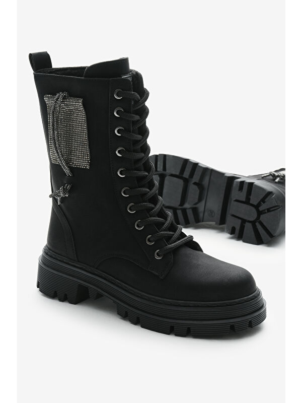 Kadın Siyah Mat Termo Taban Yanı Taşlı Bağcıklı ve Fermuarlı Bot - Görsel 4