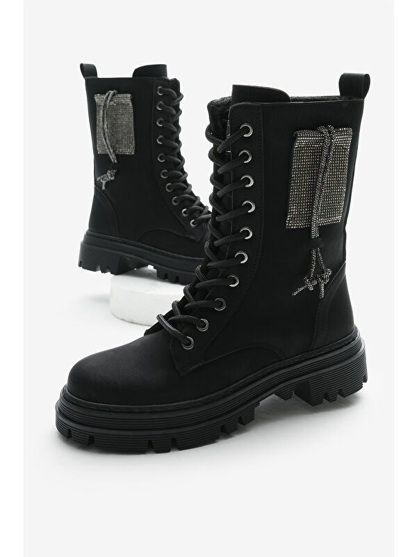 Kadın Siyah Mat Termo Taban Yanı Taşlı Bağcıklı ve Fermuarlı Bot - Görsel 5