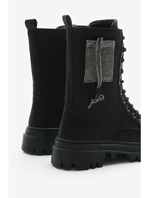 Kadın Siyah Mat Termo Taban Yanı Taşlı Bağcıklı ve Fermuarlı Bot - Görsel 6