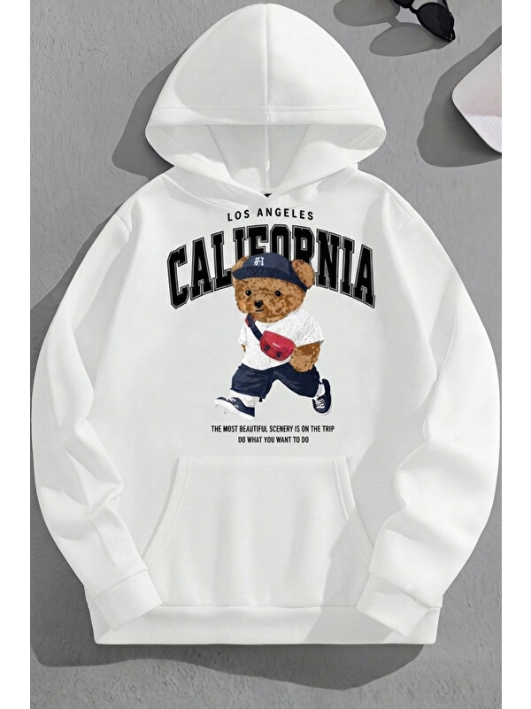 Trendseninle Unisex 3 İplik Pamuklu Beyaz ÇantalıBear Baskı Bol Kalıp Sweatshirt Hoodie