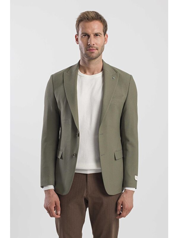 JAKAMEN Haki Slim Fit Desenli Sivri Yaka Ceket