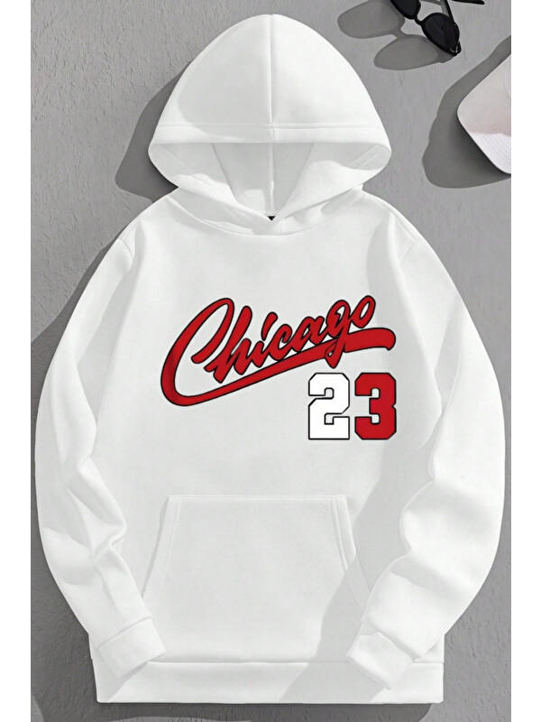 Trendseninle Unisex 3 İplik Pamuklu Beyaz Chicago23 Baskı Bol Kalıp Sweatshirt Hoodie