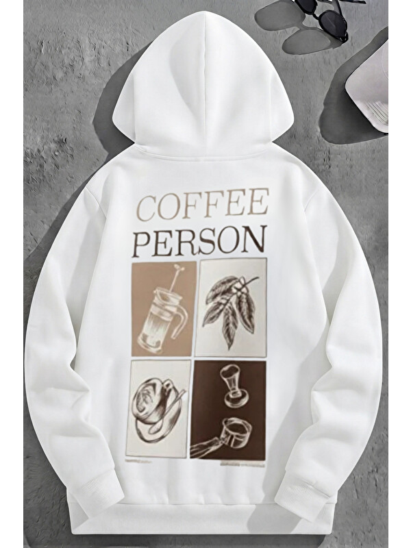 Trendseninle Unisex 3 İplik Pamuklu Beyaz CoffeePerson Baskı Bol Kalıp Sweatshirt Hoodie
