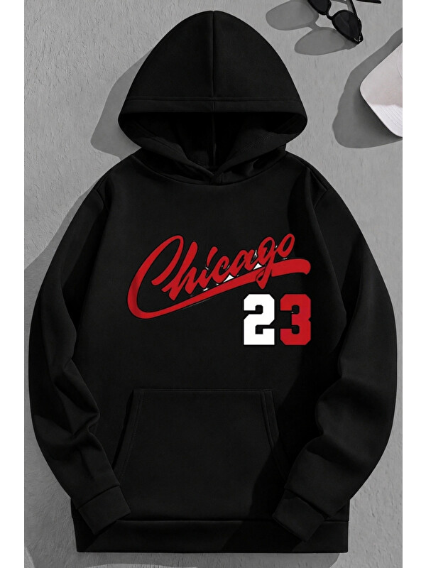 Trendseninle Unisex 3 İplik Pamuklu Siyah Chicago23 Baskı Bol Kalıp Sweatshirt Hoodie