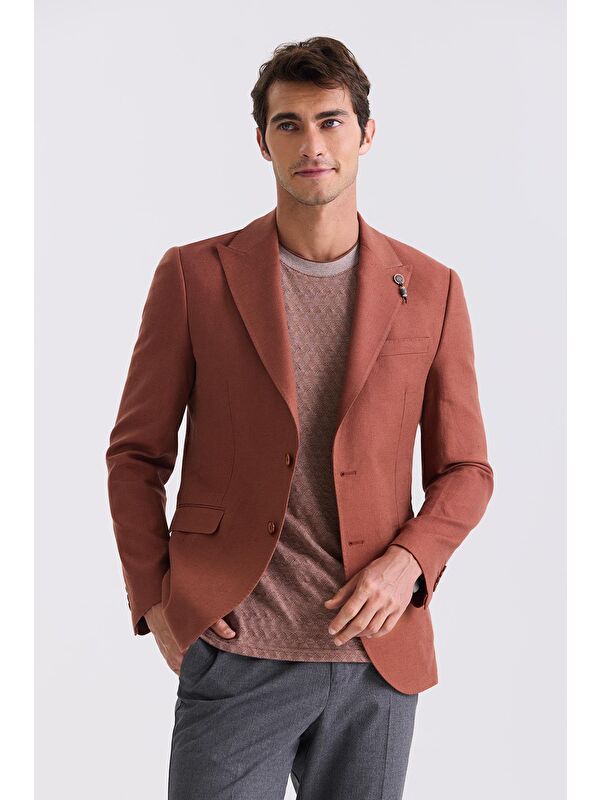 JAKAMEN Kiremit Slim Fit Sivri Yaka Keten Spor Ceket