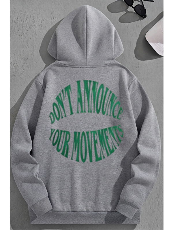 Trendseninle Unisex 3 İplik Pamuklu Gri DONT Baskı Bol Kalıp Sweatshirt Hoodie