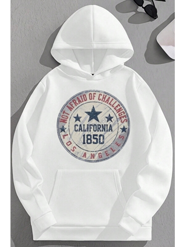 Trendseninle Unisex 3 İplik Pamuklu Beyaz Calif1850 Baskı Bol Kalıp Sweatshirt Hoodie