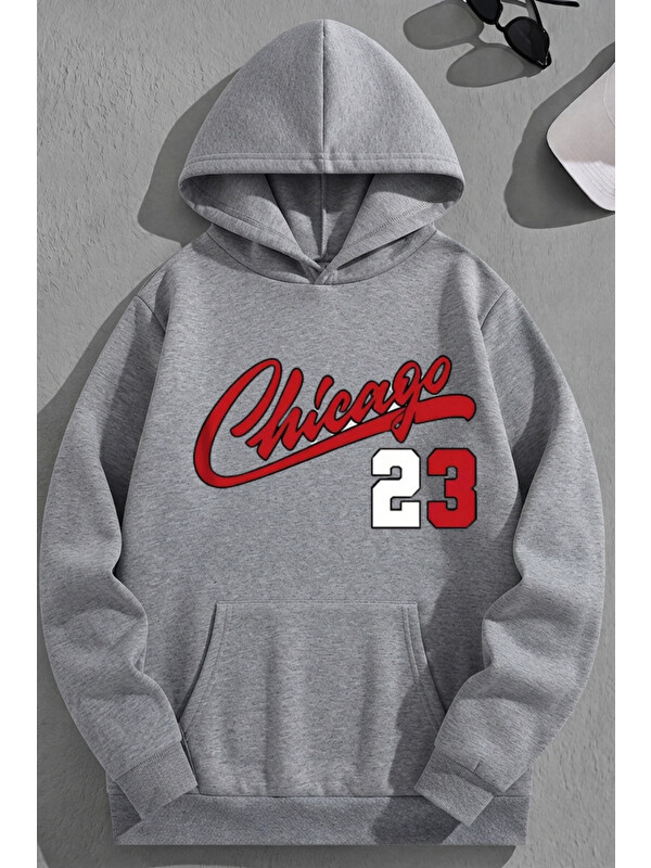 Trendseninle Unisex 3 İplik Pamuklu Gri Chicago23 Baskı Bol Kalıp Sweatshirt Hoodie