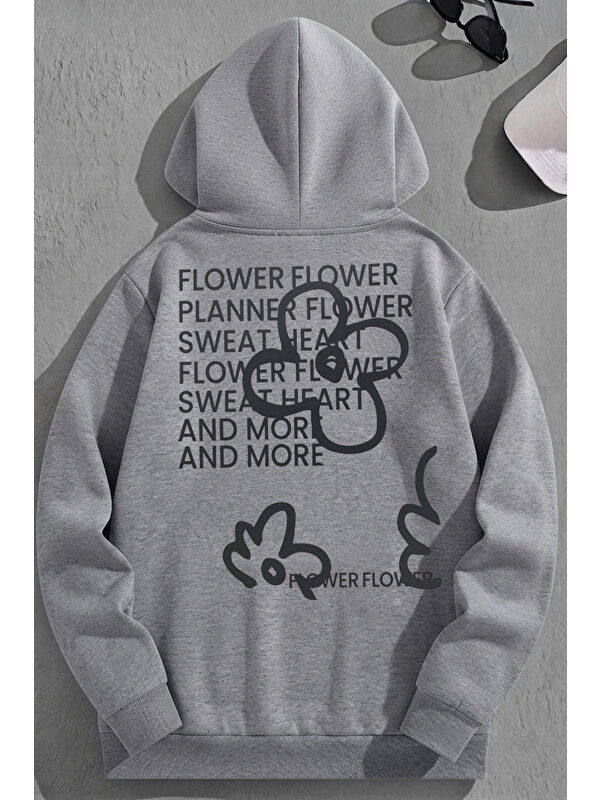 Trendseninle Unisex 3 İplik Pamuklu Gri DoubleFlower Baskı Bol Kalıp Sweatshirt Hoodie