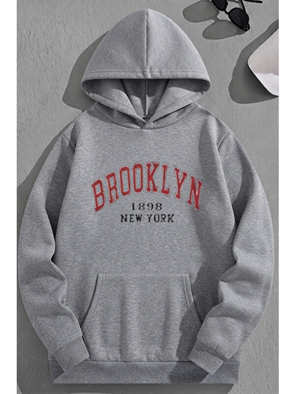 Trendseninle Unisex 3 İplik Pamuklu Gri Brooklyn1898NY Baskı Bol Kalıp Sweatshirt Hoodie