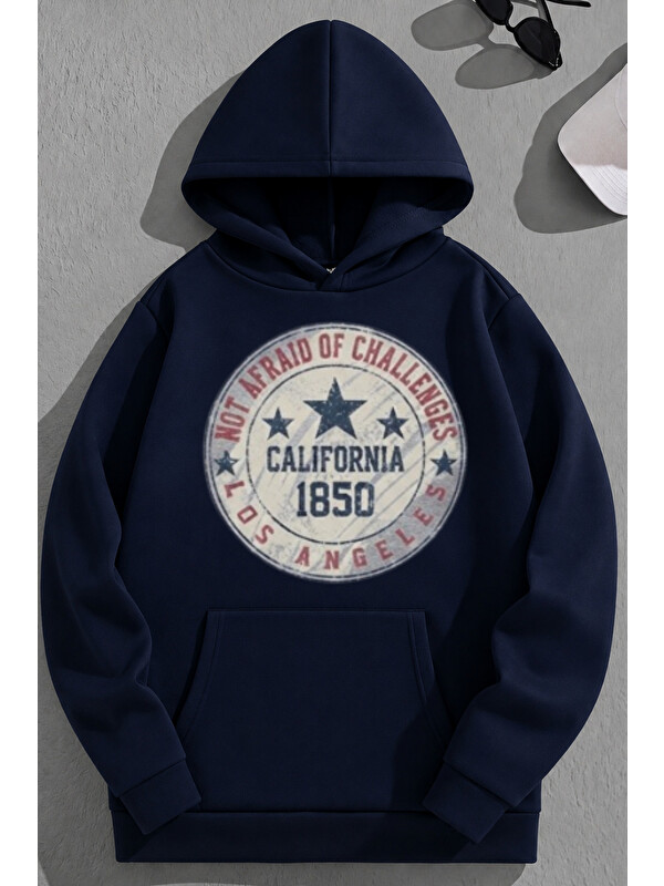 Trendseninle Unisex 3 İplik Pamuklu Lacivert Calif1850 Baskı Bol Kalıp Sweatshirt Hoodie