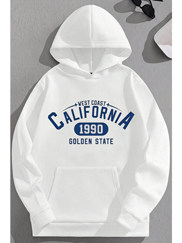 Trendseninle Unisex 3 İplik Pamuklu Beyaz Calif1990 Baskı Bol Kalıp Sweatshirt Hoodie
