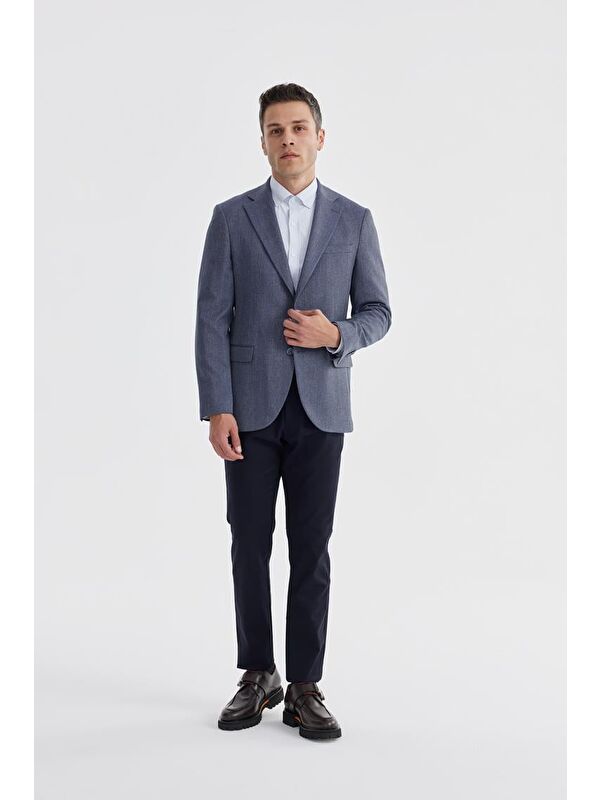 JAKAMEN Lacivert Slim Fit Ekose Kareli Çift Yırtmaçlı Ceket