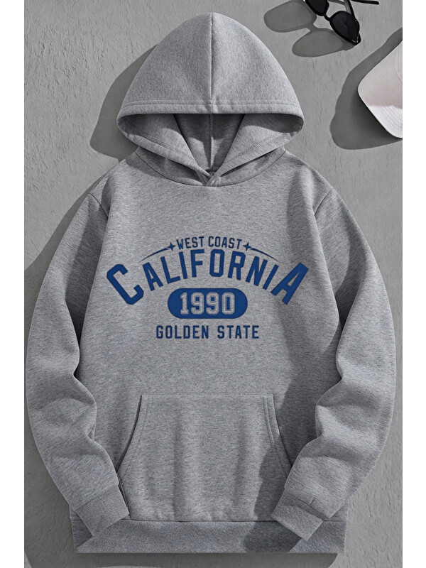 Trendseninle Unisex 3 İplik Pamuklu Gri Calif1990 Baskı Bol Kalıp Sweatshirt Hoodie