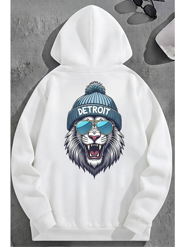 Trendseninle Unisex 3 İplik Pamuklu Beyaz Detroit Baskı Bol Kalıp Sweatshirt Hoodie