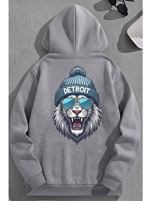 Trendseninle Unisex 3 İplik Pamuklu Gri Detroit Baskı Bol Kalıp Sweatshirt Hoodie