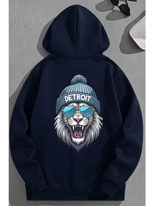 Trendseninle Unisex 3 İplik Pamuklu Lacivert Detroit Baskı Bol Kalıp Sweatshirt Hoodie