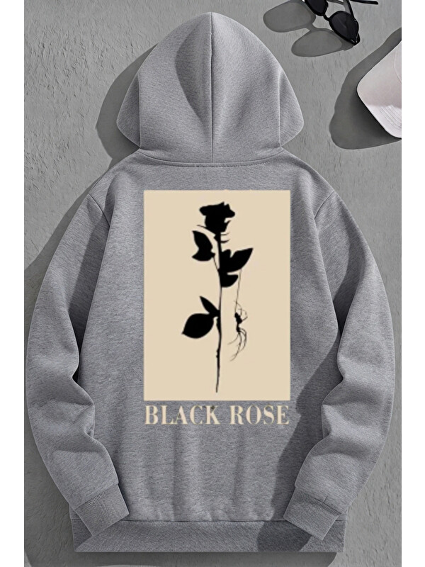 Trendseninle Unisex 3 İplik Pamuklu Gri BlackRose Baskı Bol Kalıp Sweatshirt Hoodie