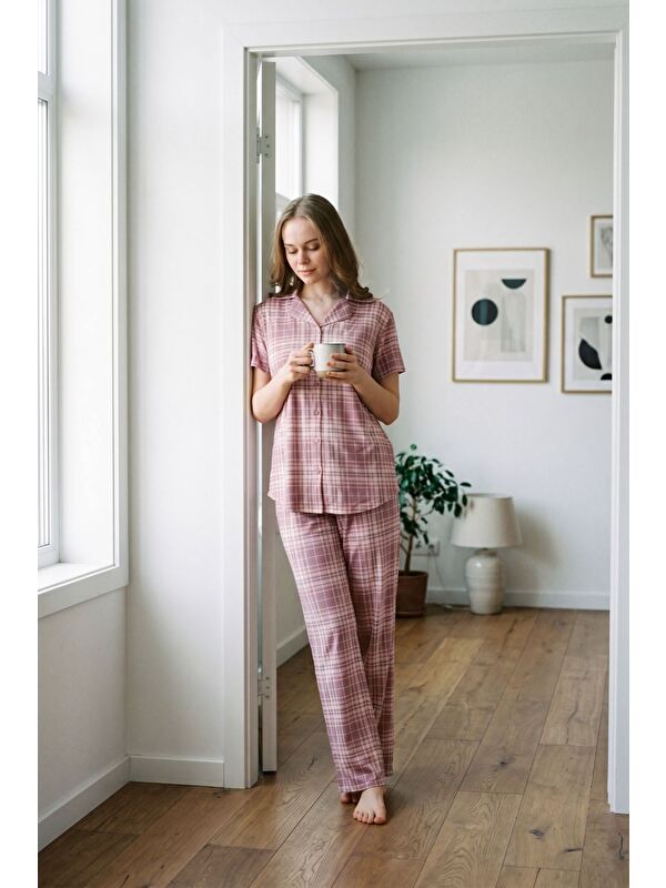 C&City Gömlek Yaka Önden Düğmeli Pijama Takımı Pembe-512196
