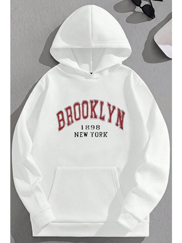 Trendseninle Unisex 3 İplik Pamuklu Beyaz Brooklyn1898NY Baskı Bol Kalıp Sweatshirt Hoodie