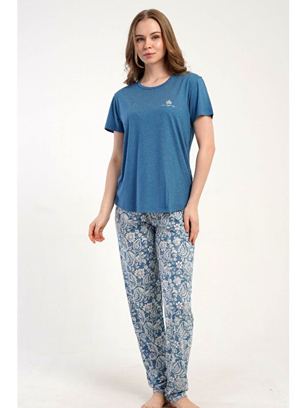 C&City Yuvarlak Yaka Kısa Kollu Pijama Takımı Mavi-512275