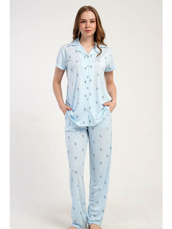 C&City Gömlek Yaka Önden Düğmeli Pijama Takımı Açık Mavi-512228