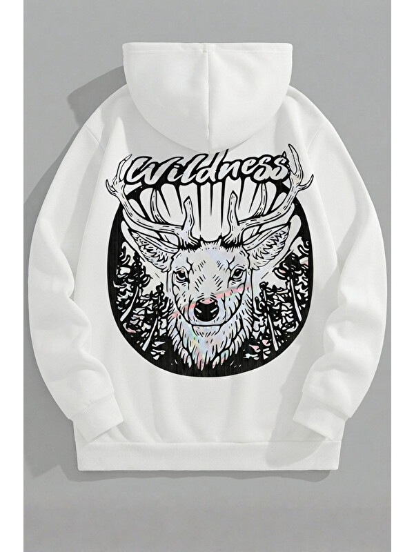 Trendseninle Unisex 3 İplik Pamuklu Beyaz KralWildness Baskı Bol Kalıp Sweatshirt Hoodie