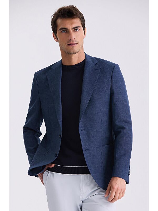 JAKAMEN Koyu Lacivert Slim Fit Mono Yaka Keten Spor Ceket