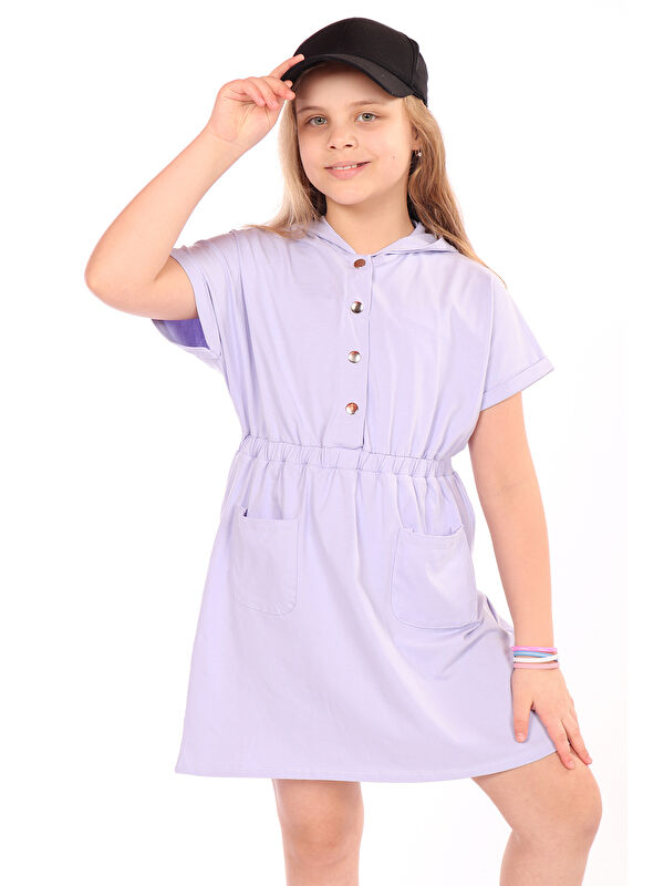 Toontoykids Kız Çocuk Beli Lastikli Önü Çıtçıtlı Kapüşonlu Elbise
