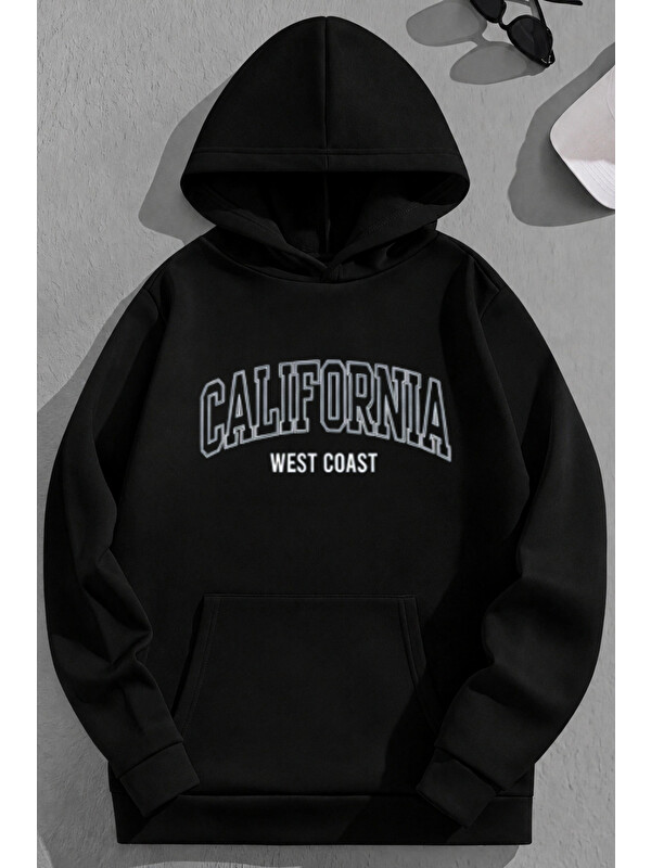 Trendseninle Unisex 3 İplik Pamuklu Siyah CalifWEstCoaSt Baskı Bol Kalıp Sweatshirt Hoodie