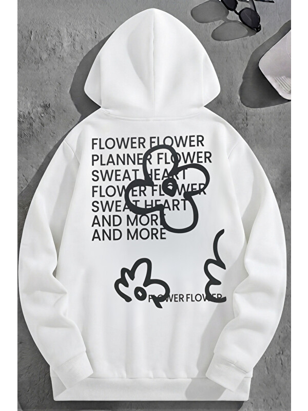 Trendseninle Unisex 3 İplik Pamuklu Beyaz DoubleFlower Baskı Bol Kalıp Sweatshirt Hoodie