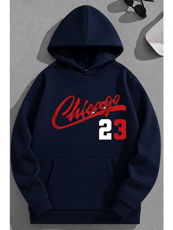 Trendseninle Unisex 3 İplik Pamuklu Lacivert Chicago23 Baskı Bol Kalıp Sweatshirt Hoodie