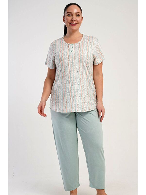 C&City Büyük Beden Bisiklet Yaka Yarım Düğmeli Pijama Takımı Açık Yeşil-512249