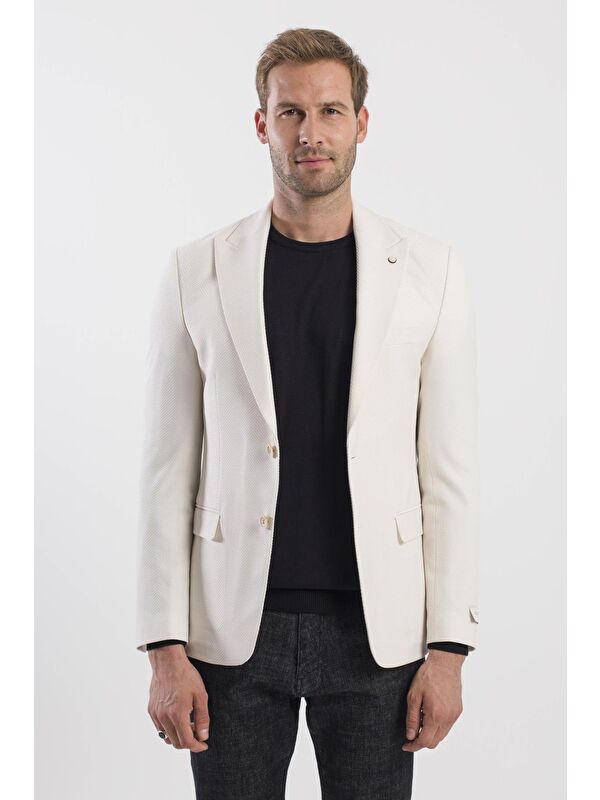 JAKAMEN Krem Slim Fit Desenli Sivri Yaka Ceket