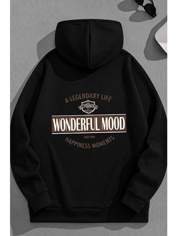 Trendseninle Unisex 3 İplik Pamuklu Siyah WonderfulMood Baskı Bol Kalıp Sweatshirt Hoodie