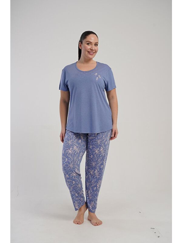 C&City Büyük Beden Yuvarlak Yaka Kısa Kollu Pijama Takımı Mor-512248