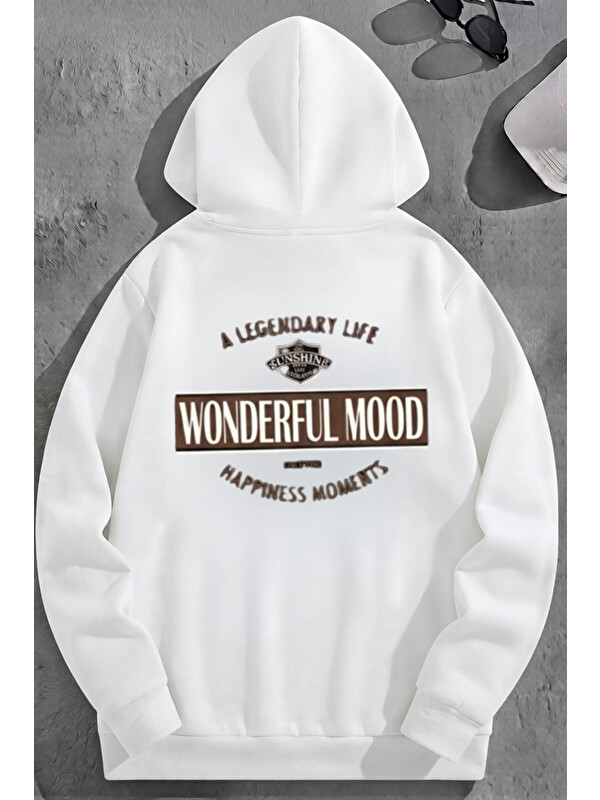 Trendseninle Unisex 3 İplik Pamuklu Beyaz WonderfulMood Baskı Bol Kalıp Sweatshirt Hoodie