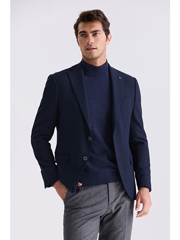 JAKAMEN Lacivert Slim Fit Mono Yaka Çift Yırtmaç Spor Ceket