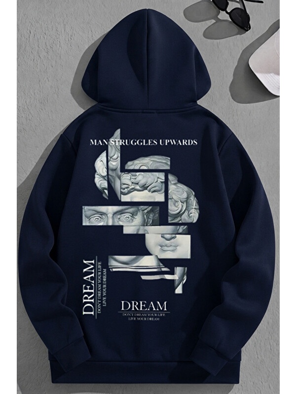 Trendseninle Unisex 3 İplik Pamuklu Lacivert Dream Özel Baskı Bol Kalıp Sweatshirt Hoodie