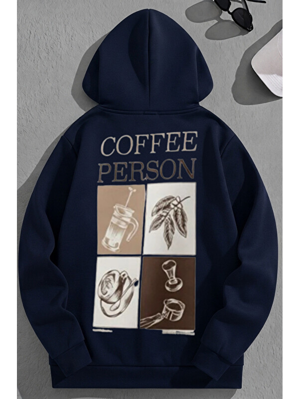 Trendseninle Unisex 3 İplik Pamuklu Lacivert CoffeePerson Baskı Bol Kalıp Sweatshirt Hoodie
