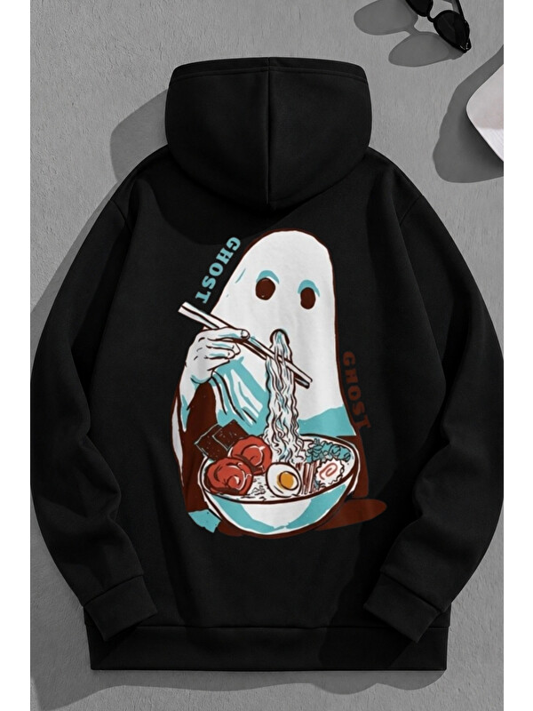 Trendseninle Unisex 3 İplik Pamuklu Siyah GhostEats Baskı Bol Kalıp Sweatshirt Hoodie